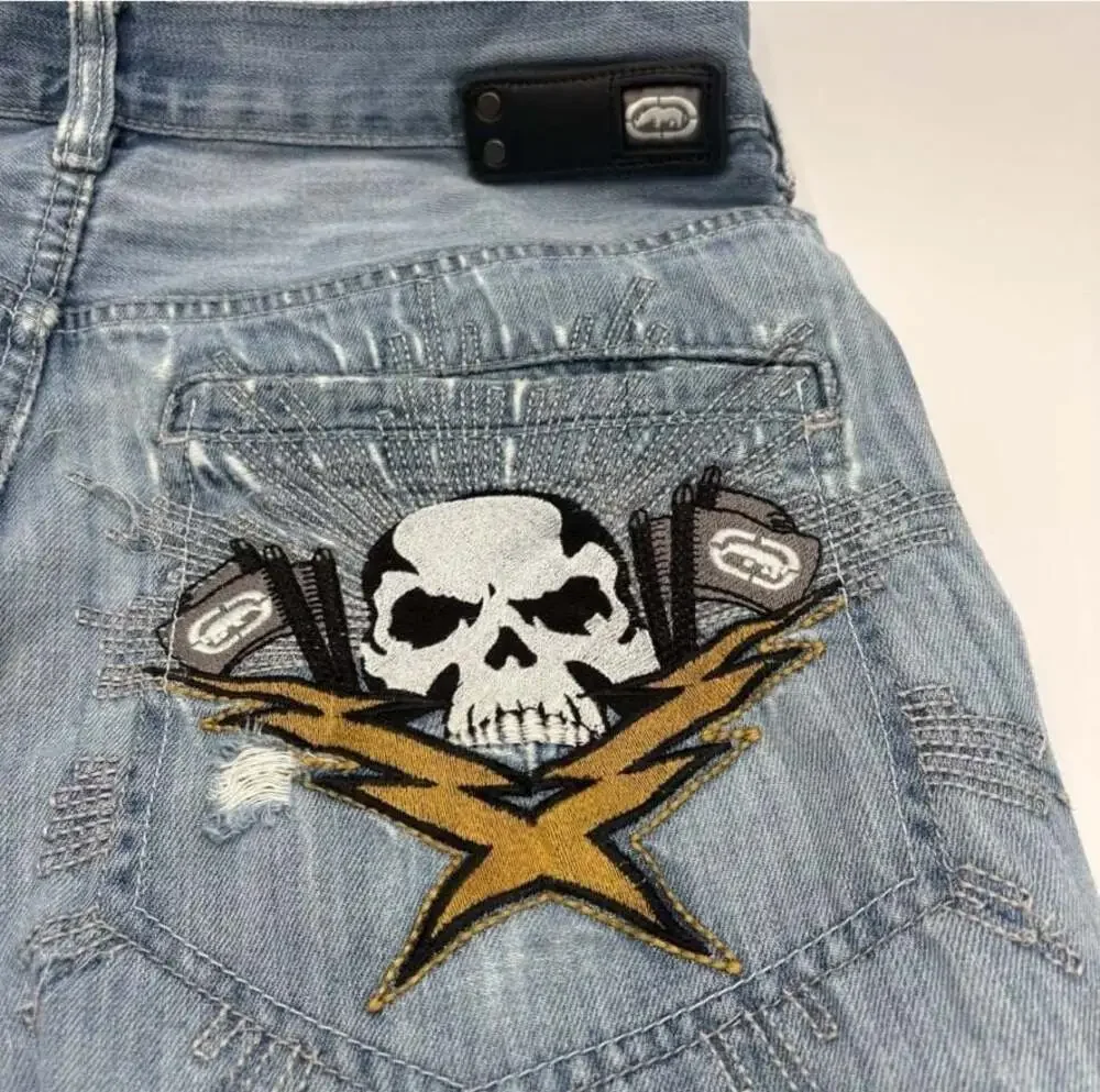 Ecko Unltd. Vintage Denim Jeans with Embroidered Skull Patch, Baggy Fit, Size 38